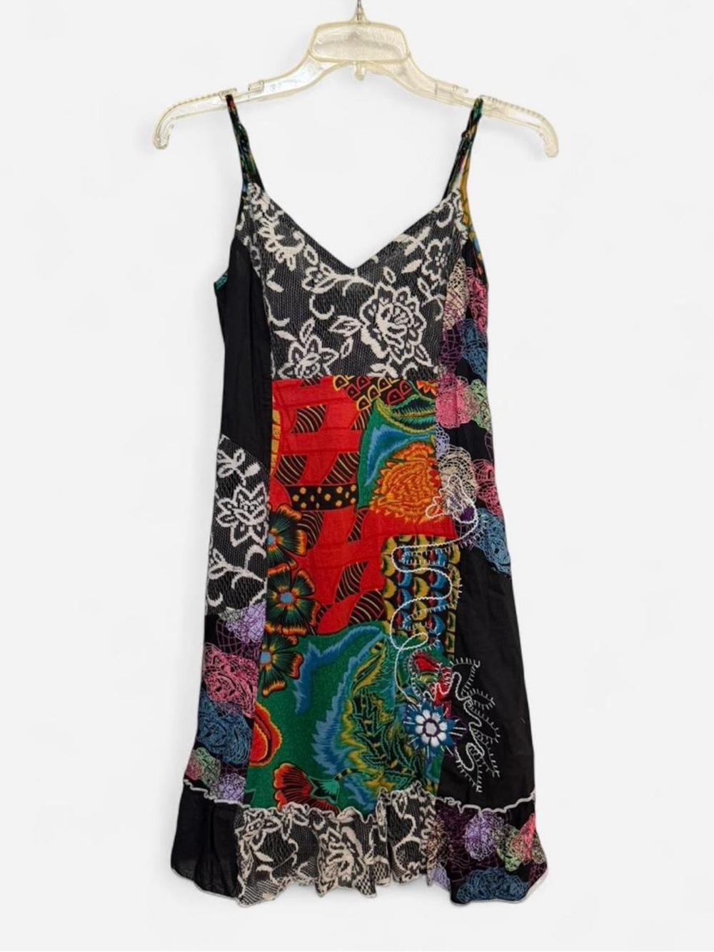 NWT Vintage Kessley Women’s Multicolor Boho Patchwork Slip Dress - Black Base